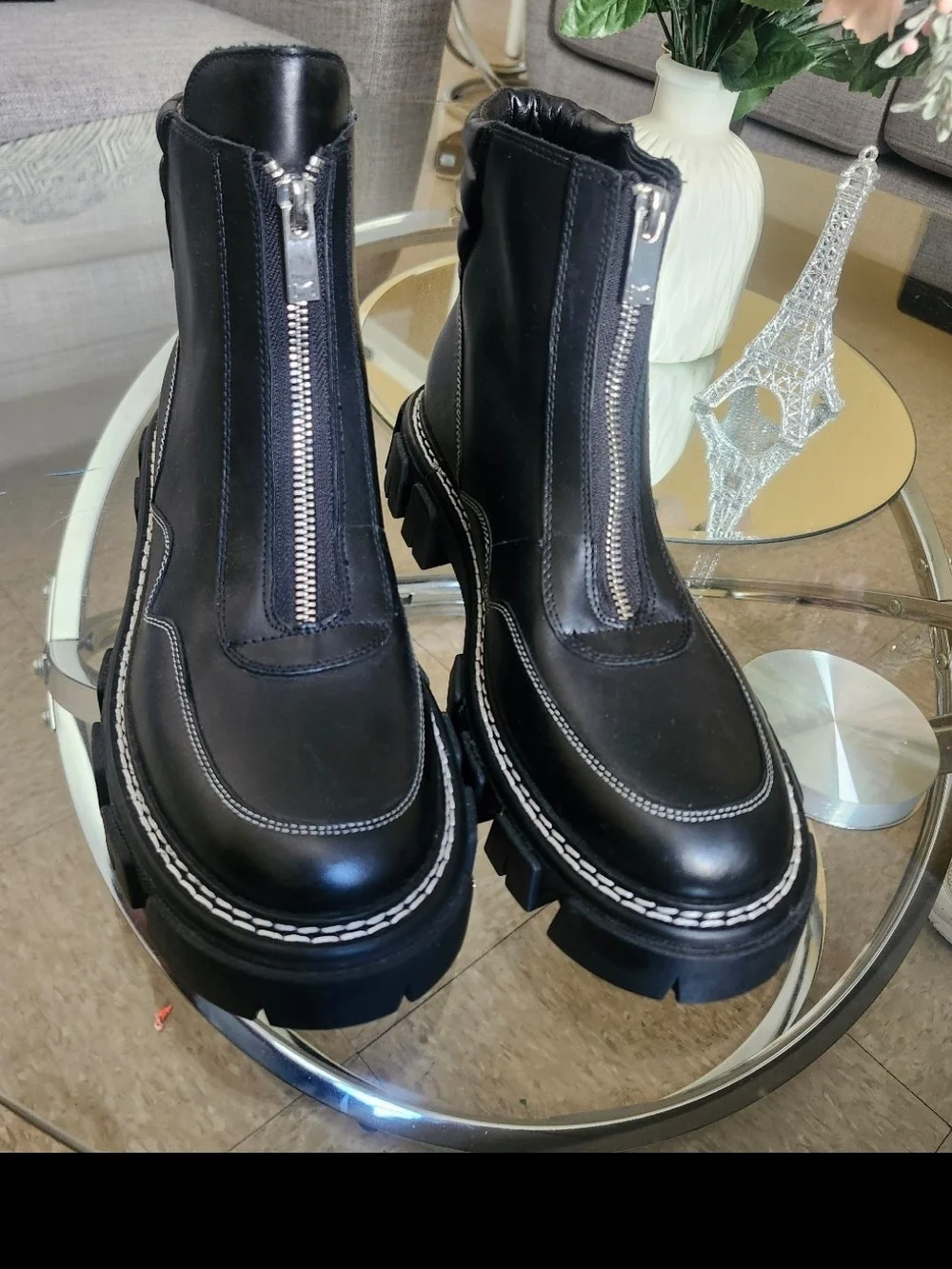 Marc Fisher Black Leather Chunky Lug-Sole Ankle Boots